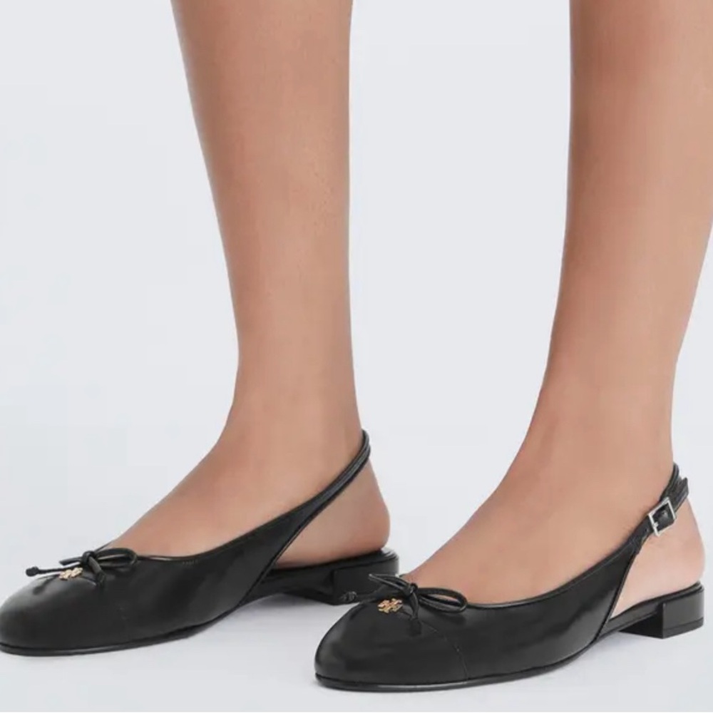 Tory Burch Slingback Cap toe Black Leather Flats gold logo size 9.5 leather sole